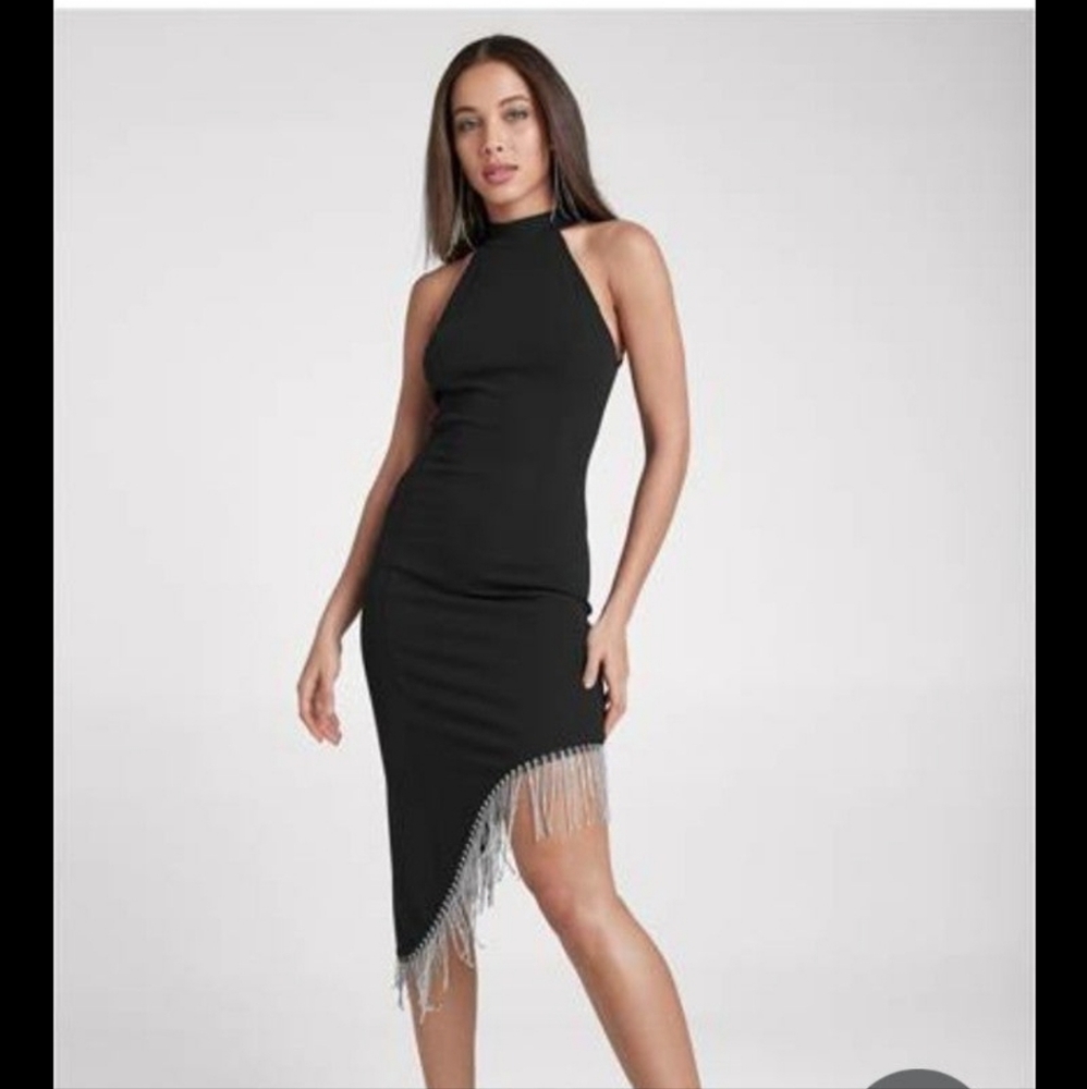 LBD with rhinestone assemetric fringe hem